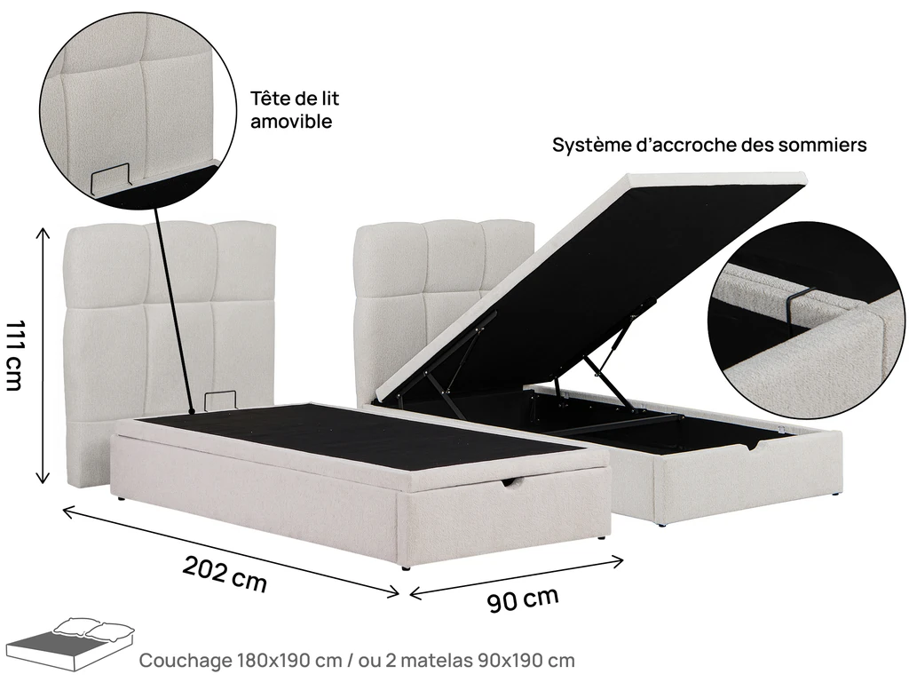 Schéma coté du lit Impérial 180 × 190 cm : longueur 202 cm, hauteur 111 cm