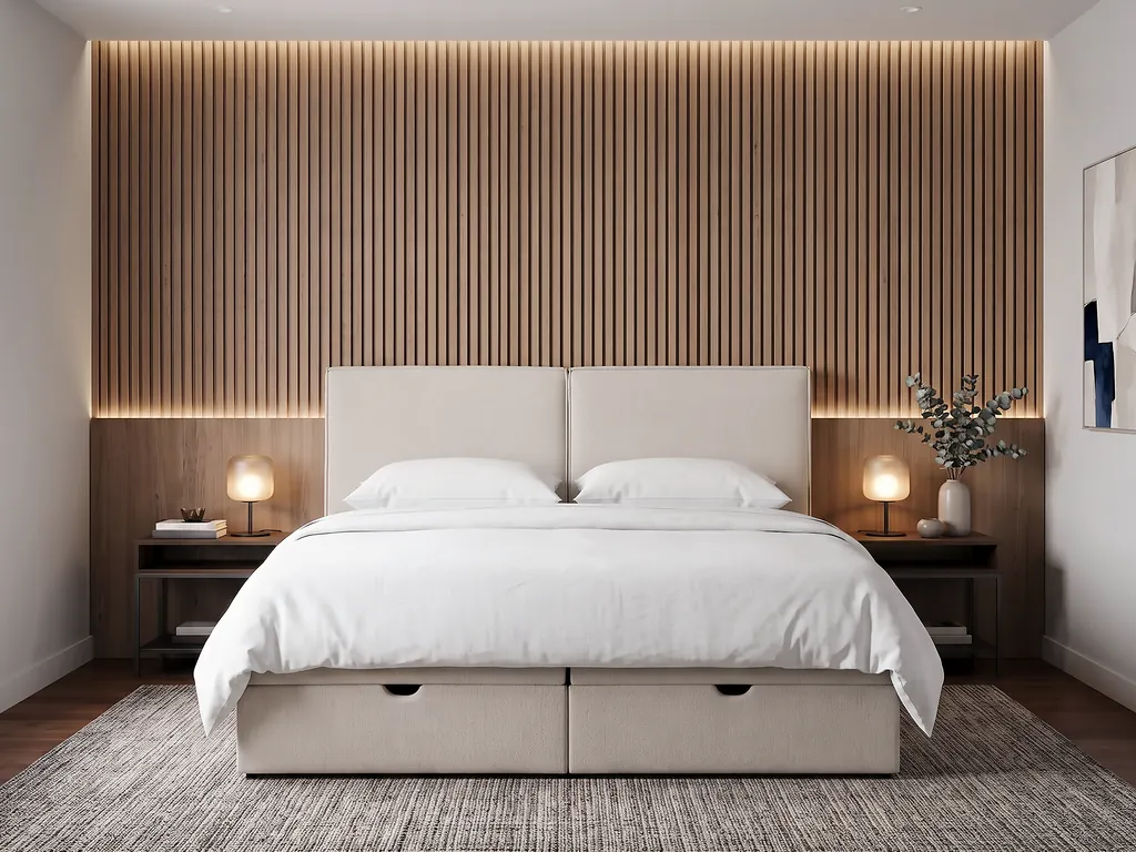 Lit Signature réuni en lit double : deux têtes de lit rectangulaires côte à côte, dans une chambre aux murs en lames de bois