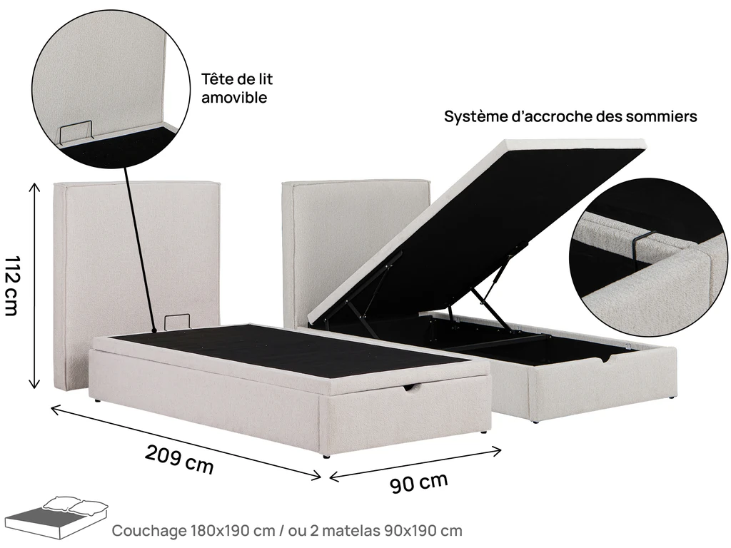 Schéma coté du lit Signature 180 × 190 cm : longueur 209 cm, hauteur 112 cm